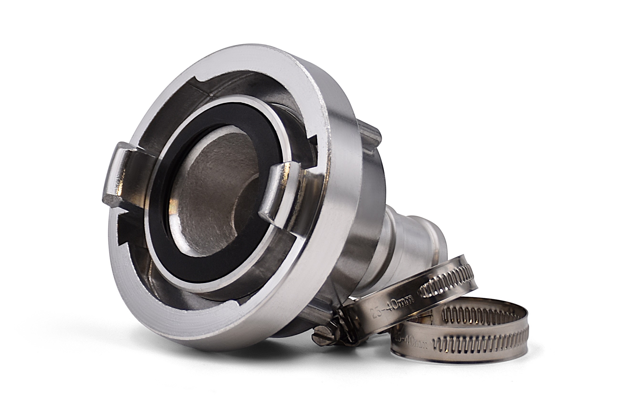 C-32 Storz-Kupplung Set mit 2 Schlauchschellen, Drehbarer Tülle, Aluminium, Silber, Betriebsdruck max. 16 bar